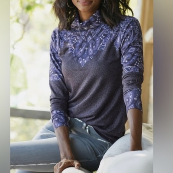 Soft Surroundings Blue Printed Turtleneck Medium - Picture 1 of 15